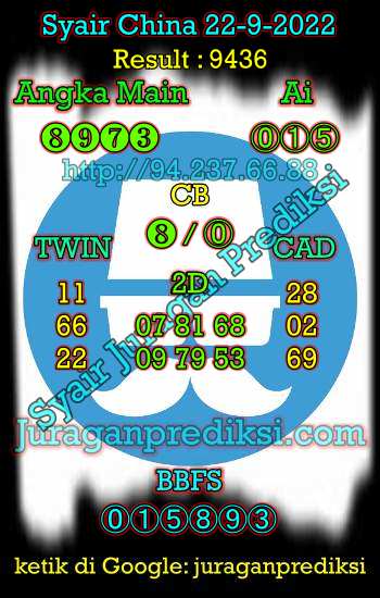 Prediksi Syair China 22 September 2022 dan Kode Syair China hari ini adalah Bocoran China serta Prediksi china akurat Kamis 22-9-2022. Prediksi togel china 4d hari ini kami ambil dari syair china Kamis 22 September 2022.