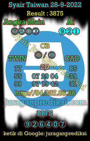 Prediksi Taiwan 28 September 2022 adalah prediksi taiwan dan juga Syair taiwan hari ini Rabu 28 9 2022 yang merupakan angka keluar togel taiwan malam hari ini. Sedangkan toto jitu taiwan dan taiwan lottery merupakan angka jitu dari kode syair taiwan malam ini.